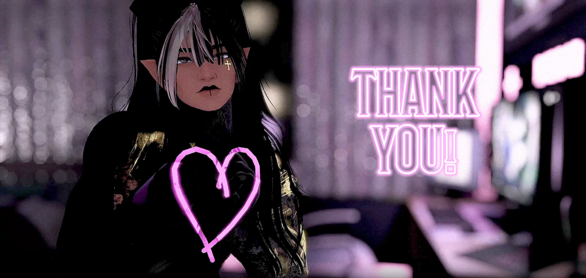 Person with white hair and a heart symbol, with 'THANK YOU!' text in the background to show gratitude for leaving a tip.